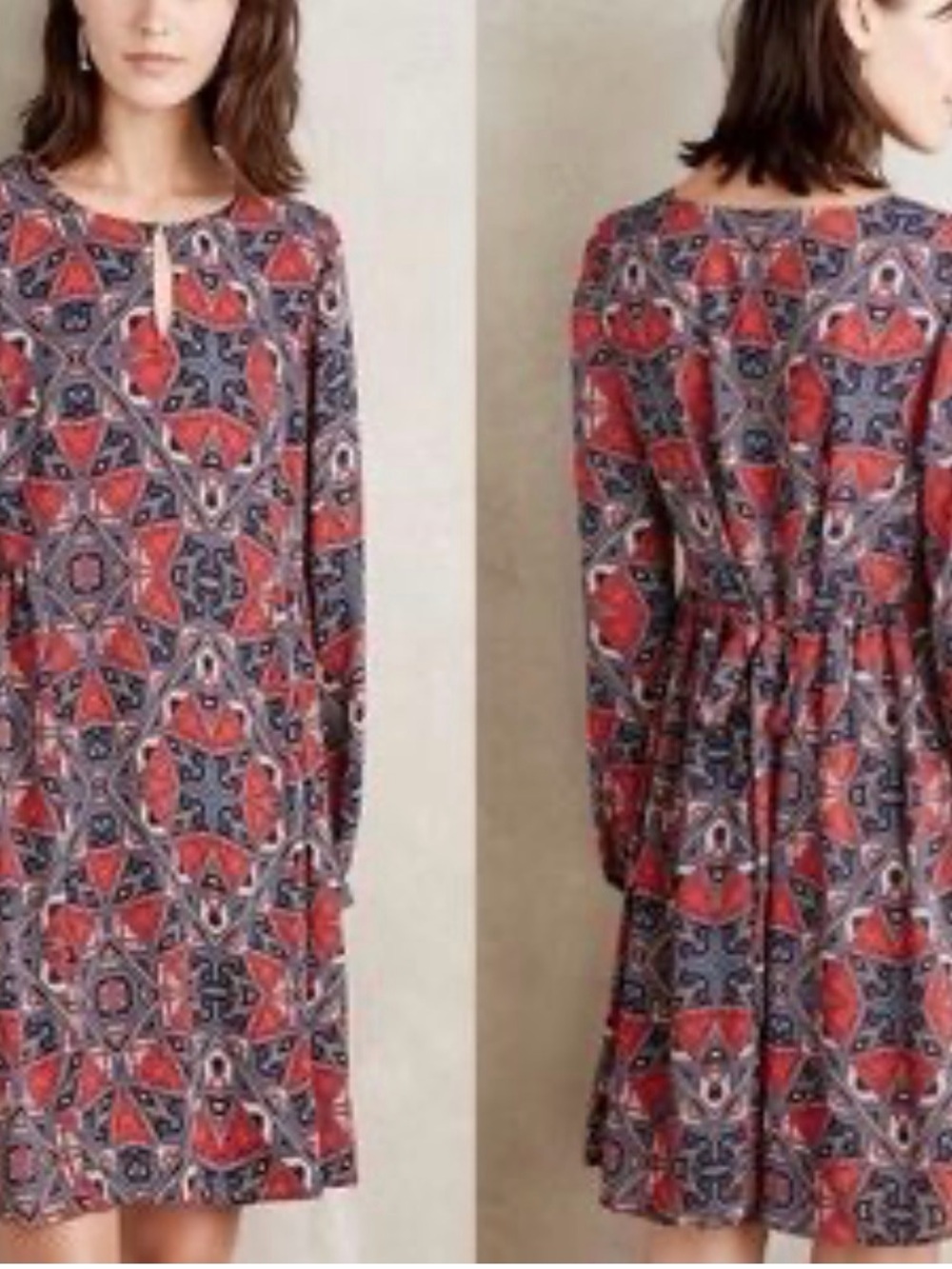 ANTHROPOLOGIE- Paper Crown - Geometric Long-Sleeve Dress in Red and Navy